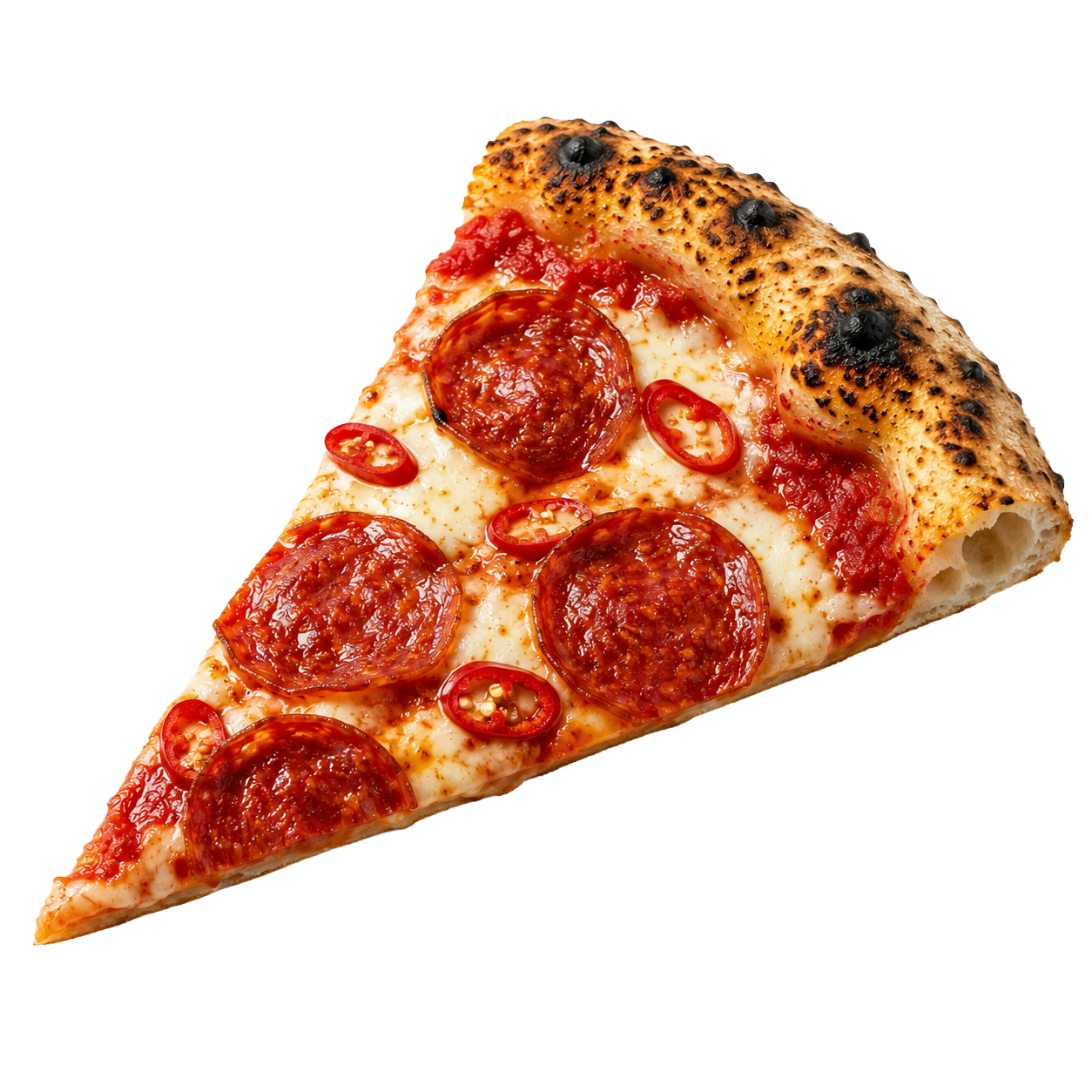 Slice of Diavola pizza with salame and fresh chillies
